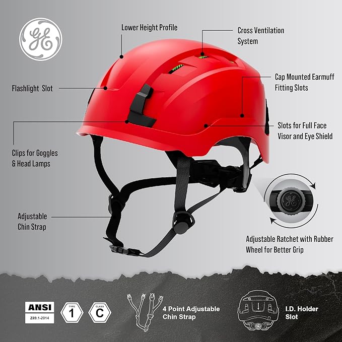 GE Safety Helmet, Impact Absorbing Tech, Adjustable Ratchet, ANSI Type 1, Memory Foam Padding, Hard Hats Protection, Lightweight, Durable, Chin Strap, Comfortable Fit OSHA Approved-StrideForce Fitness