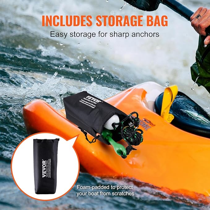 VEVOR Kayak Anchor Kit, 3.5 lb Paddle Board Anchor Kit with 26.2 ft/8 m Rope and Buoy, Folding Small Boat Anchor with Storage Bag and Snap Hook, Kayak Accessories for Kayaks, Small Boats, Canoes-StrideForce Fitness