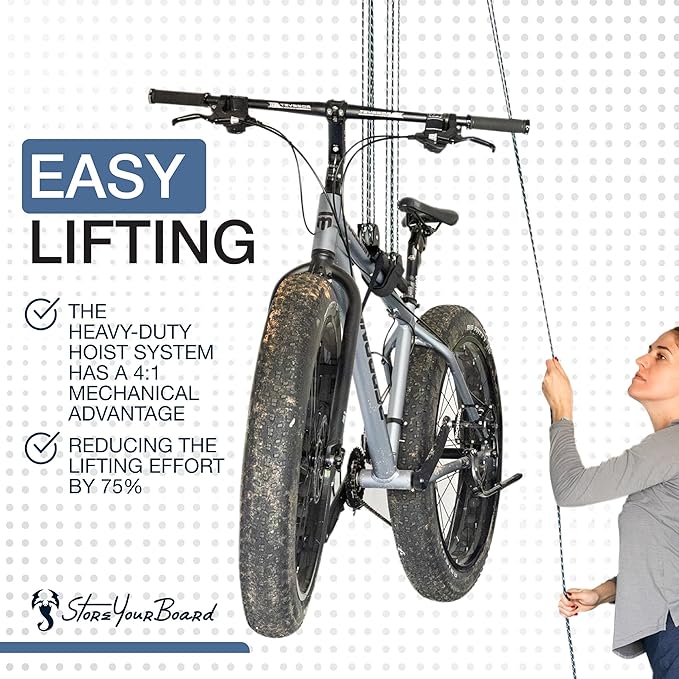 StoreYourBoard Bike Hoist, No-Slip Bicycle Ceiling Storage, Heavy-Duty Garage Pulley Lift System, Road, MTB, Fat Tire, Ebike Hanger-StrideForce Fitness
