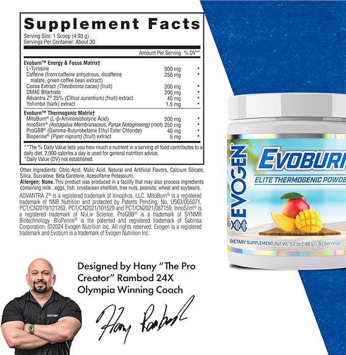 Evogen Evoburn - Thermogenic Fat Burner for Men & Women | Energy, Focus, & Appetite Control | Advanced Metabolism Booster Fat Burner Formula with MitoBurn & Caffeine | Mango | 30 Servings-StrideForce Fitness