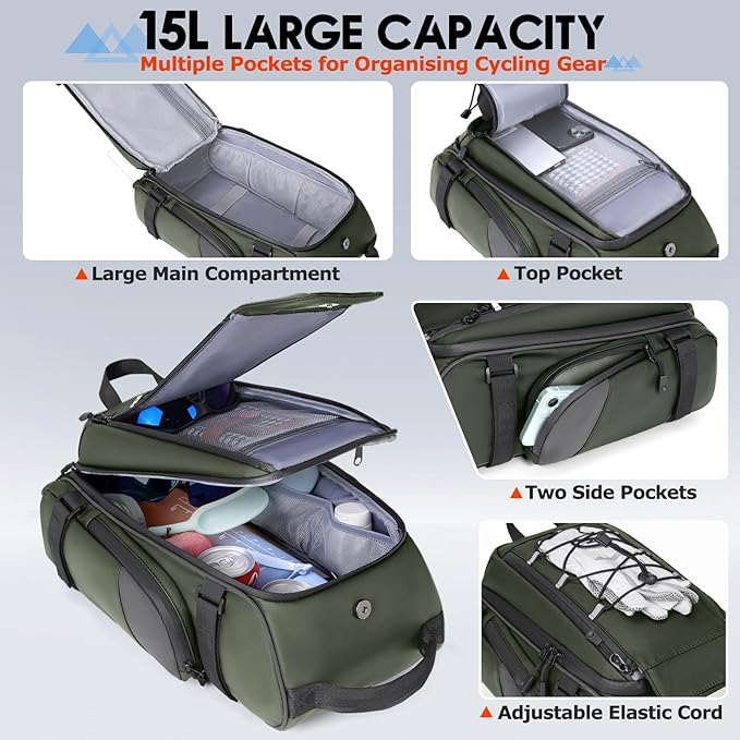 RAINSMORE Bike Bags for Bicycle Rear Rack 15L Waterproof Bike Ebike Trunk Pannier Saddle Bag with Rain Cover Bike Accessories Backpack Shoulder Bag for Commuter Travel Outdoor, Green-StrideForce Fitness