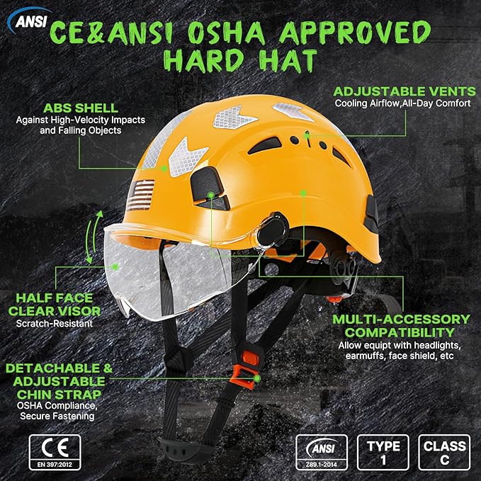 AOLAMEGS Construction Safety Hard Hat - ANSI Z89.1 Type Ι OSHA Approved Safety Helmets with Chin Straps Lightweight Reflective Vented ABS Hard Hats For Men Women Industrial Workwear 6-point Suspension-StrideForce Fitness