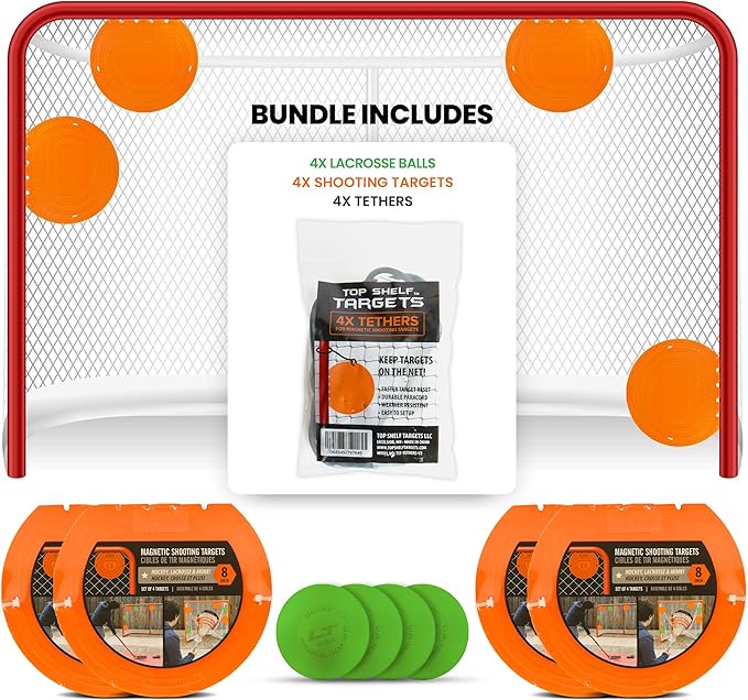 Combo Bundle of Durable Magnetic Lacrosse Goal Targets/Hockey Targets with 4 Pearl Lacrosse LT Textured Balls and 4 Tethers| Lacrosse Net Goalie Targets-StrideForce Fitness