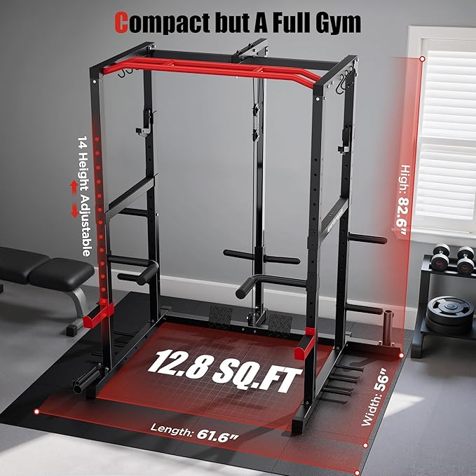 Sportsroyals Power Cage,1600lbs Multi-Function Power Rack with Adjustable Cable Crossover System and More Training Attachment, Weight Cage for Home Gym-StrideForce Fitness