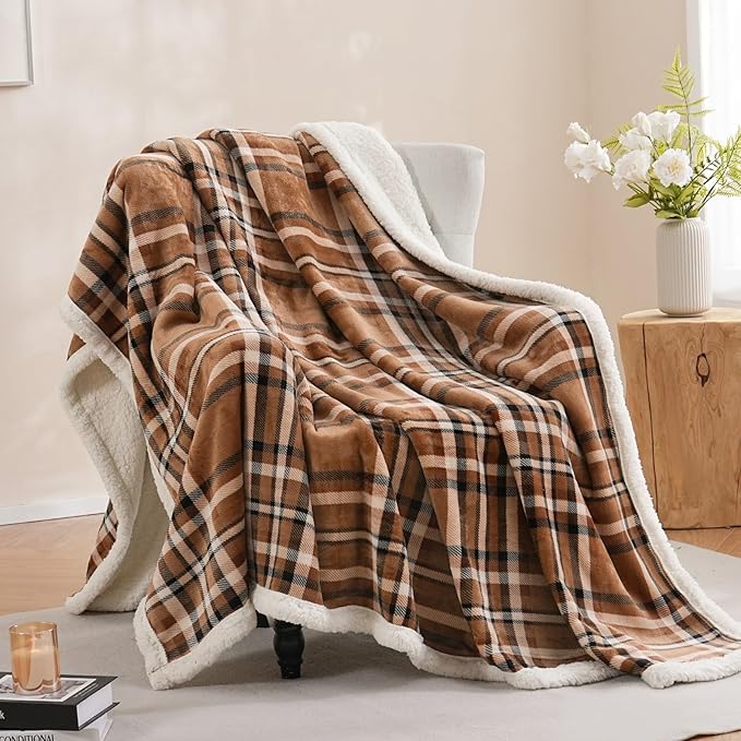PU MEI Sherpa Fleece Throw Blanket 80" x 90" Reversible Plush Fluffy Large Big Blanket Lattice Flannel Blankets for All Season Use, Mocha Brown-StrideForce Fitness