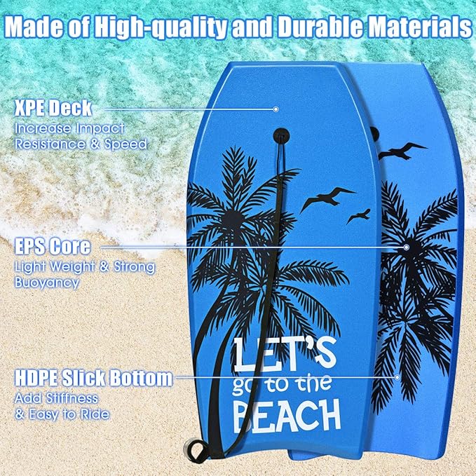Goplus 41''/37''/33'' Lightweight Body Board for Beach, Surf Board with EPS Core, XPE Deck, HDPE Slick Bottom, Wrist Leash, Bodyboard for Kids Adults Surfing-StrideForce Fitness