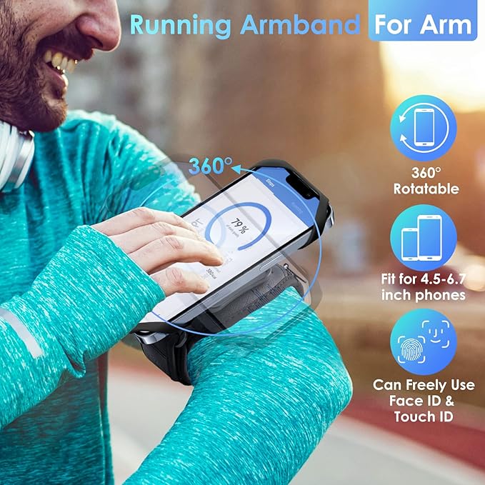 Cikyner Running Armband Phone Holder - 360 Rotatable & Detachable Sports Armband With Earphone/Cash Pocket for 4.5-7'' iPhone - for Gym, Hiking-StrideForce Fitness