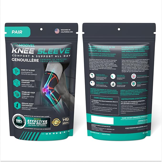 Modvel Compression Knee Brace for Women & Men, 2-Pack Knee Brace for Running Knee Pain, Knee Support Compression Sleeve, Workout Sports Knee Braces for Meniscus Tear, ACL & Arthritis Pain Relief