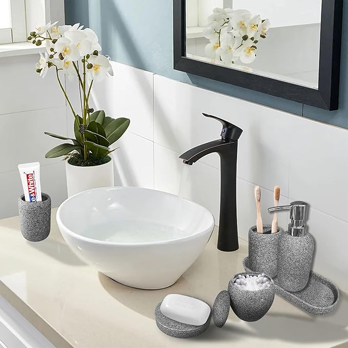 Bathroom Accessory Set, 6PCS Gray Bathroom Accessories - Soap Dish, Lotion Dispenser, Toothbrush Holder, Mouthwash Cup, Tray, Cotton Ball Jar, Aesthetic Decor Bathroom Sets