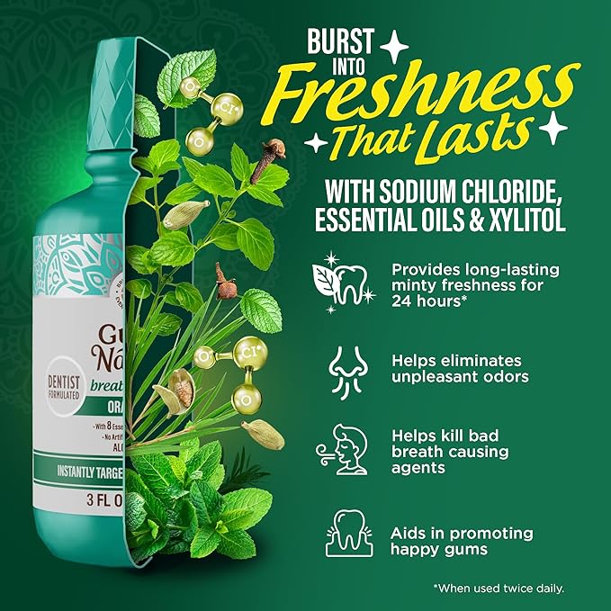 GuruNanda Fresh Breath Mouthwash, ADA-Accepted, Alcohol & Fluoride-Free, Sodium Chlorite, Essential Oils & Vitamins, 12-Hrs Fresh Breath, Wild Mint, 3 oz