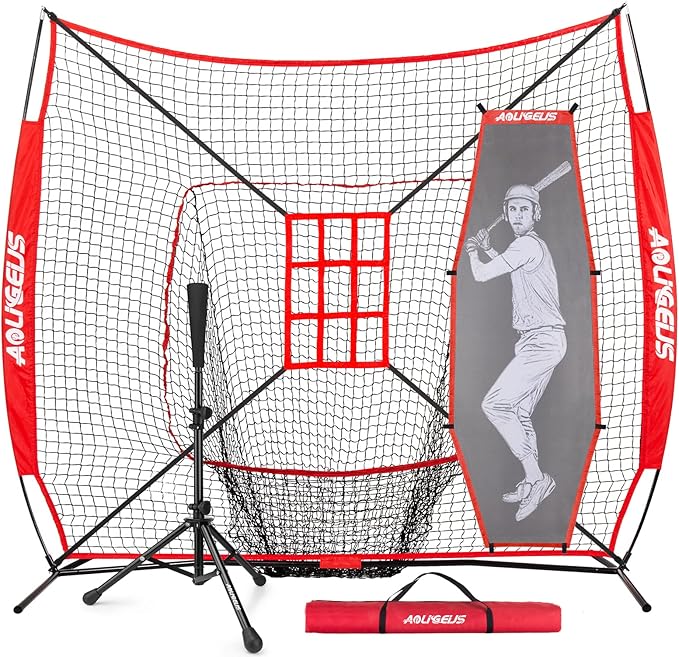 7'X7' Baseball Softball Practice Net,Pitching Net,Batting Net,with Baseball Tee,Bonus Strike Zone and Bow Frame,for Hitting,Pitching, Catching-StrideForce Fitness