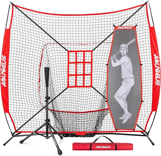 7'X7' Baseball Softball Practice Net,Pitching Net,Batting Net,with Baseball Tee,Bonus Strike Zone and Bow Frame,for Hitting,Pitching, Catching-StrideForce Fitness