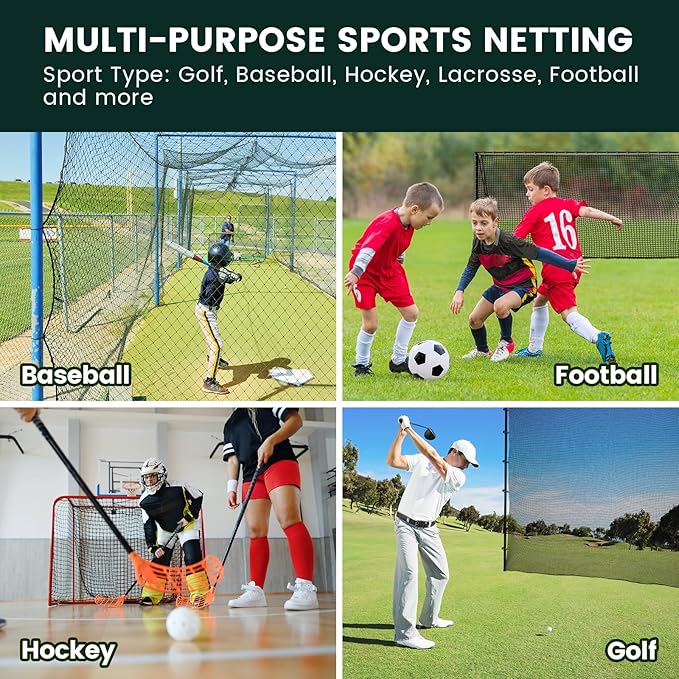 Sports Netting,Golf Practice Net Hitting Net with 33Feet Nylon Rope Also for Baseball, Hockey, Soccer, LAX and More - 10x10ft/10x15ft/10x20ft/10x25ft/10x30ft/10x40ft/10x50ft-StrideForce Fitness