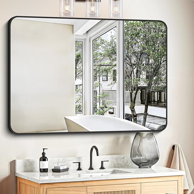 FORBATH Bathroom Mirror 30" X 40", Large Rectangular Wall Mirror, Black Metal Framed Rounded Corner Wall Mounted Mirror for Bathroom Bedroom Entryway Decor(Horizontal/Vertical)-StrideForce Fitness
