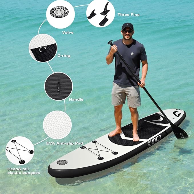 Inflatable Stand Up Paddle Board 10‘x30‘‘- Ultra-Light SUP with Backpack, Pump, Paddle, Coil Leash, 3 Fins, Repair Kit, Stable Design, Non-Slip EVA Deck for Adults & Youth-StrideForce Fitness