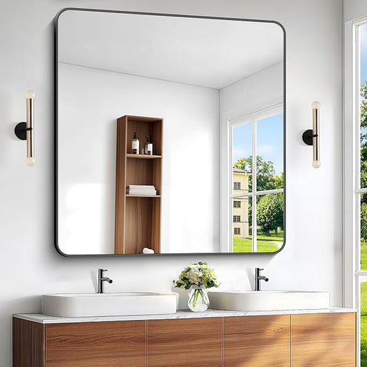48x48 inch Bathroom Mirror,Black Rectangle Mirror,Wall Mounted Bathroom Frame Vanity Mirror with Round Corner for Bedroom Living Room,Entryway Hangs Horizontal or Vertical-StrideForce Fitness