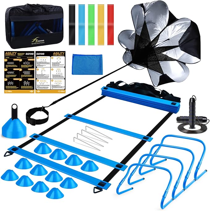 Eazy2hD Speed Agility Training Set- Agility Ladder,12 Cones, 4 Adjustable Hurdles,Parachute, Exercise Workout Equipment Boost Fitness & Increase Quick Footwork-StrideForce Fitness