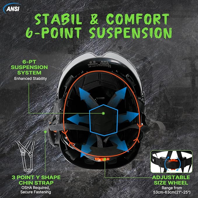 Aolamegs Construction Hard Hats for Adults - Hard Hats Construction OSHA Approved with Smoke Visor for Men Women, ANSI Z89.1 Vented Safety Helmet, Hard Hat with Chin Strap,6 Point Suspension （Black-StrideForce Fitness