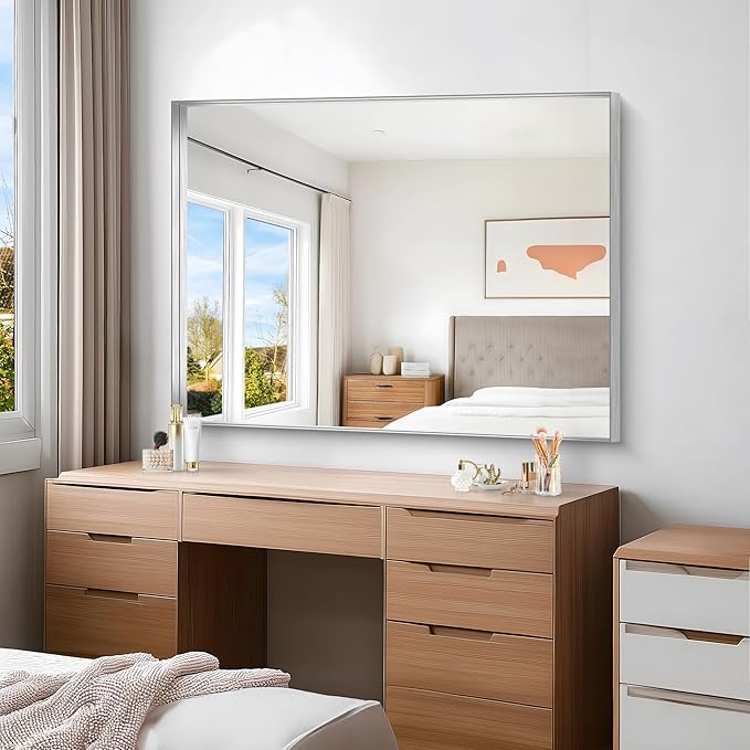 Silver Bathroom Mirror, 36x48 Inch Rectangular Deep Frame Mirror, Large Wall Mounted Bathroom Vanity Mirror Over Sink for Bedroom,Restroom, Living Room, Hangs Vertically or Horizontally-StrideForce Fitness
