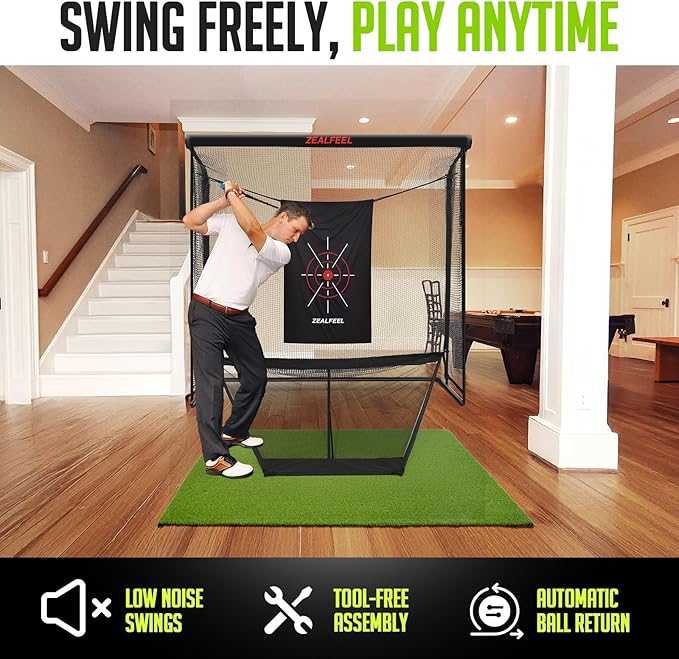 Golf Net, 10x7ft/8x8ft Golf Enclosure Net with Side Barriers/Auto-Ball Return, Low-Noise Target, Carry Bag, 4 Stakes, Hitting Practice Net for Backyard Driving Chipping Indoor Outdoor Use-StrideForce Fitness