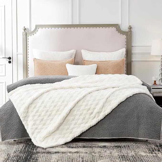 Cozy Bliss Faux Fur Throw Blanket for Couch - Ultra Soft Fuzzy Cozy Throw Gift Blankets for Women,Cream White Boho Blanket for Sofa Bedroom Living Room.50 * 60 Inches-StrideForce Fitness
