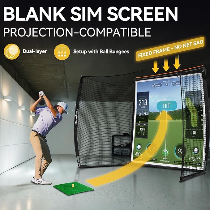 Golf Cage with Impact Screen, 10x8 Ft Golf Hitting Net w/Sound-Dampening Cloth, Practice Mat, Golf Simulator Enclosure, Indoor & Outdoor Driving Chipping Equipment for Home, Backyard & Garage-StrideForce Fitness