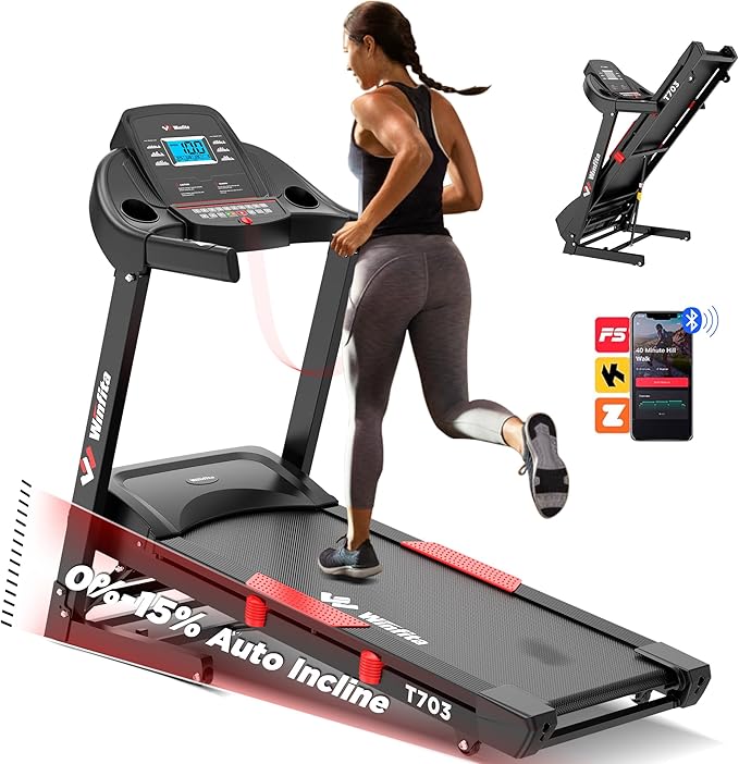 Treadmills for Home, Folding Treadmill with Auto Incline, 300 LBS Capacity, 8MPH or 10MPH Max Speed, Double Deck Shock-Absorbing Running Machine with Bluetooth, App, 64 Programs, Pulse Monitor-StrideForce Fitness