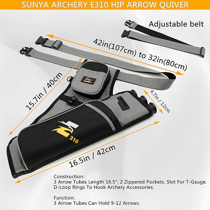 SUNYA Archery Hip Quiver for Arrows. Includes 3 Tubes Arrow Holder, Accessories Pockets and Waist Belt. Fit for Compound and Recurve Bow Practice.-StrideForce Fitness
