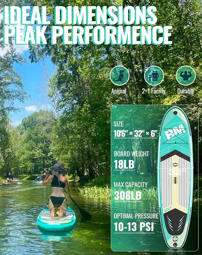 BM Paddle Board Inflatable Stand Up Paddle Board, SUP Paddleboard for Adult, Premium Accessories | Non-Slip EVA Deck & Foam Handles, Camera Mount, Double Action Pump, 85L Travel Backpack-StrideForce Fitness