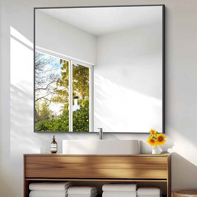 Bathroom Mirror,48x48 inch Large Wall Mirror for Bathroom Wall Mounted,Black Rectangle Wall Mirrors,Square Mirror for Living Room,Farmhouse, Bedroom Entryway, Horizontal/Vertical-StrideForce Fitness