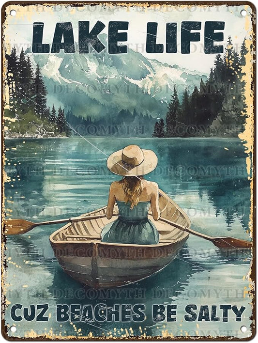 Vintage Lakehouse Tin Sign Lake Life Cuz Beaches Be Salty Retro Wall Decor Nostalgic Art Funny Metal Poster Indoor Store Cafe Toilet Kitchen Garden Plaque Bar Pubs Man cave 12 * 16inch-StrideForce Fitness