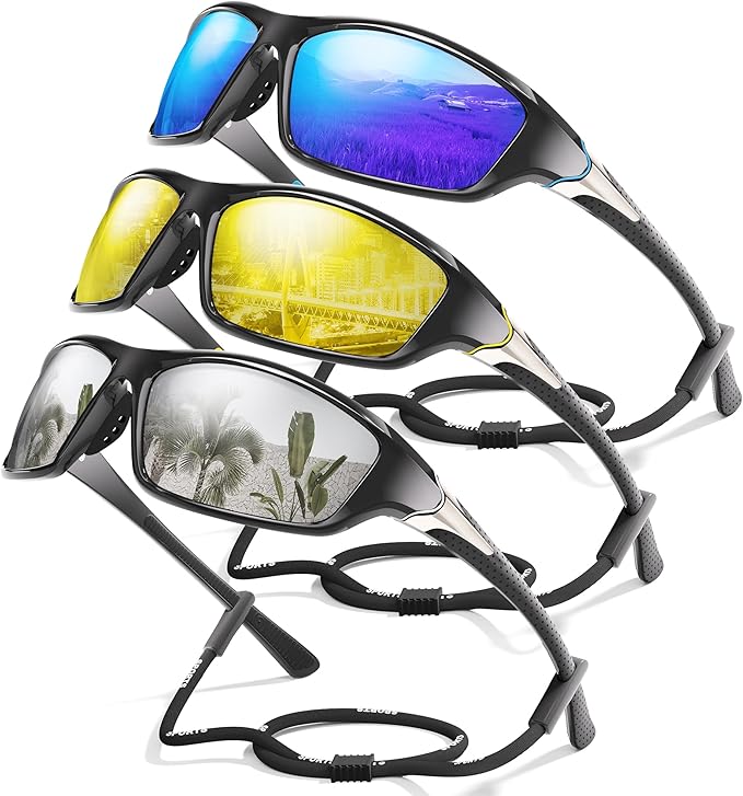 3 Pack Polarized Sports Sunglasses for Men, Mens Sunglasses Wrap Around UV400 Protection for Cycling Fishing Driving-StrideForce Fitness