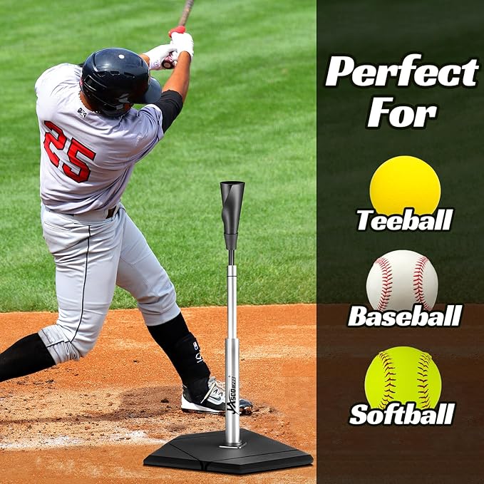 Batting Tee For Baseball And Softball With Traditional Home Plate Base,Alumium Stem,Handroll Rubber Top,Height Adjustable 24 to 46 inche For kids and Adults,Portable Baseball Tee Softball Tee-StrideForce Fitness