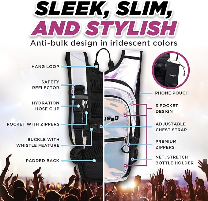 Rave Hydration Backpack – Anti-Theft Festival Hydration Pack with 1.5L Leakproof TPU Bladder – Slim, Insulated Water Pack with Secret Pockets & Breathable Back – for Raves, Music Festivals, EDC-StrideForce Fitness