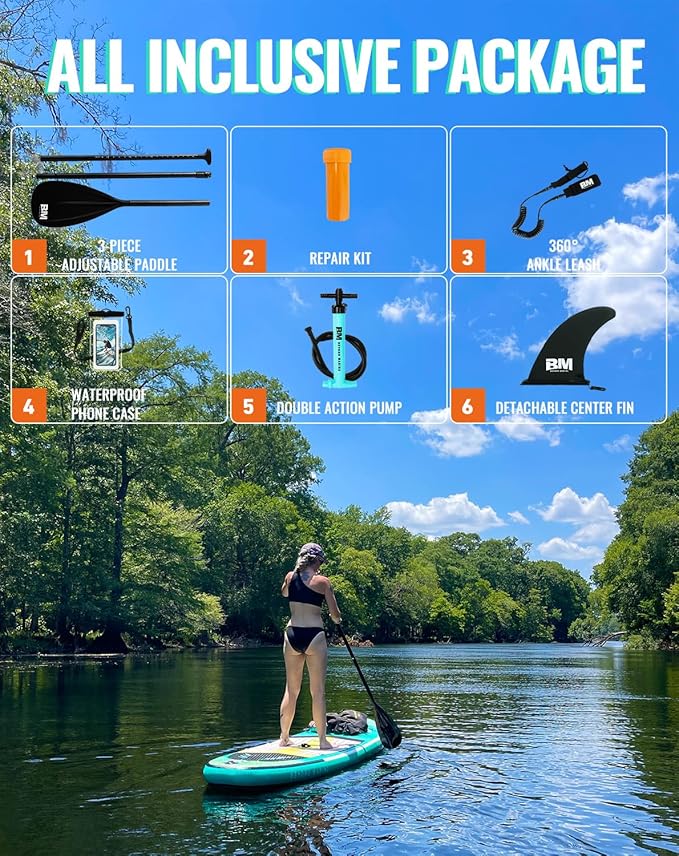 BM Paddle Board Inflatable Stand Up Paddle Board, SUP Paddleboard for Adult, Premium Accessories | Non-Slip EVA Deck & Foam Handles, Camera Mount, Double Action Pump, 85L Travel Backpack-StrideForce Fitness