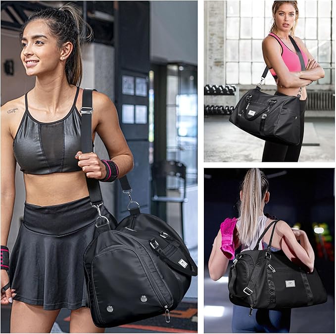 FIORETTO Womens Gym Tote Duffle Bag with Wet Pocket & Shoe Compartment, Sports Duffel Overnight Weekender Hospital Workout Carry on Bag for Girls, Ideal for Travel, Swimming, Dance, Ballet Black-StrideForce Fitness