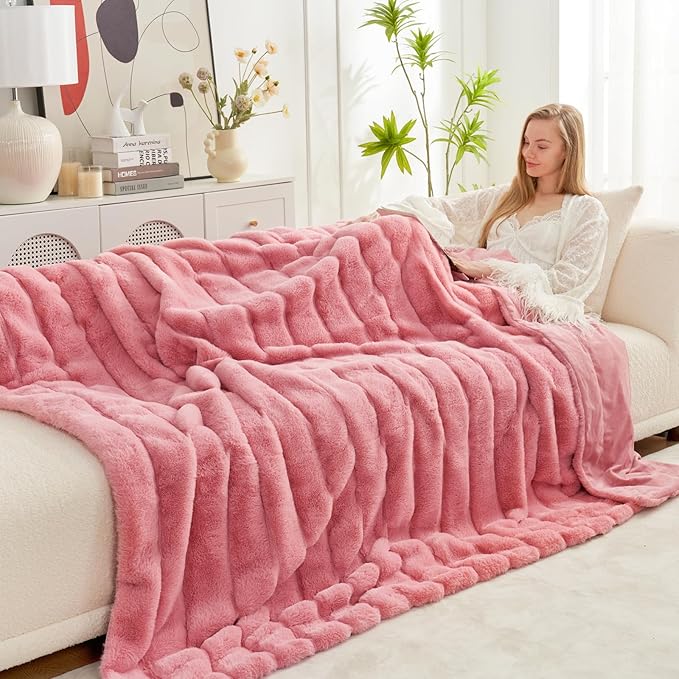 Cozy Bliss Faux Fur Throw Blanket for Couch, Cozy Warm Plush Striped Blanket for Sofa Bedroom Living Room, Pink-StrideForce Fitness