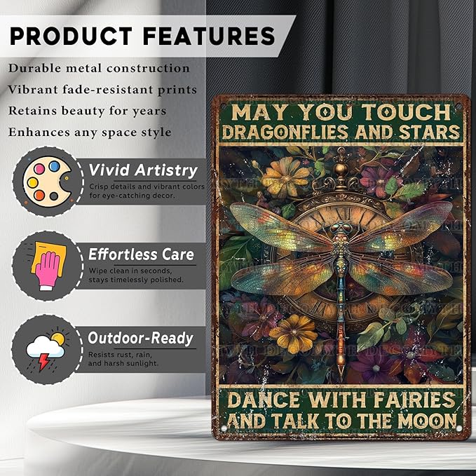 Vintage Dragonfly Tin Sign May You Touch Dragonflies And Stars Dance With Fairies And Talk To The Moon Retro Metal Poster Funny Wall Art Cafe Toilet Farm Room Garden Plaque Outdoor 12 * 16inch-StrideForce Fitness