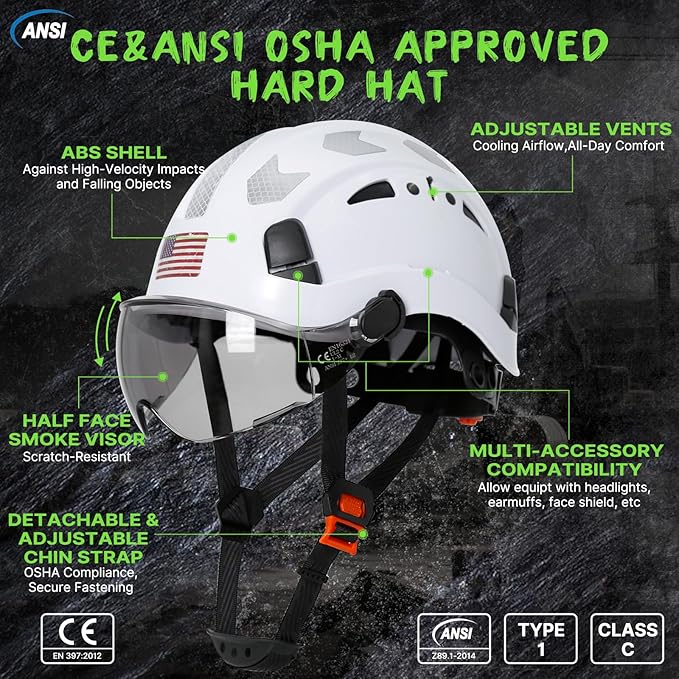 AOLAMEGS Construction Safety Hard Hat - ANSI Z89.1 Type Ι OSHA Approved Safety Helmets with Chin Straps Lightweight Reflective Vented ABS Hard Hats For Men Women Industrial Workwear 6-point Suspension-StrideForce Fitness