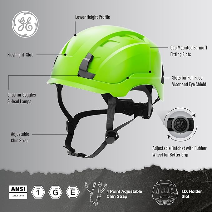 GE Safety Helmet, Impact Absorbing Tech, Adjustable Ratchet, ANSI Type 1, Memory Foam Padding, Hard Hats Protection, Lightweight, Durable, Chin Strap, Comfortable Fit OSHA Approved-StrideForce Fitness