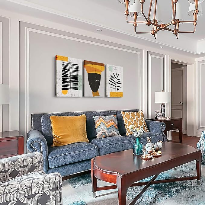 Framed Canvas Wall Art African Ethno Motive Wall Art Set, Abstract Ethno Art, African American Woman Portrait, Black Orange Print, Contemporary Collage, Minimalist (S-3pcs,20x30inchx3pcs)-StrideForce Fitness