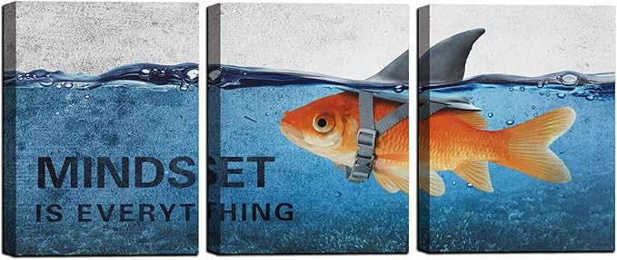 3 Panels Modern Framed Inspirational Canvas Wall Art Goldfish Body Strong Shark Heart Mindset is Everything Motivational Wooden Decor Posters for Office Gym Classroom Home Decoration(48''W x 24''H)-StrideForce Fitness