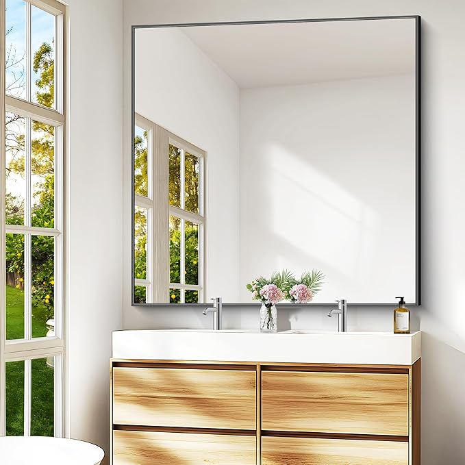 Bathroom Mirror,48x48 inch Large Wall Mirror for Bathroom Wall Mounted,Black Rectangle Wall Mirrors,Square Mirror for Living Room,Farmhouse, Bedroom Entryway, Horizontal/Vertical-StrideForce Fitness