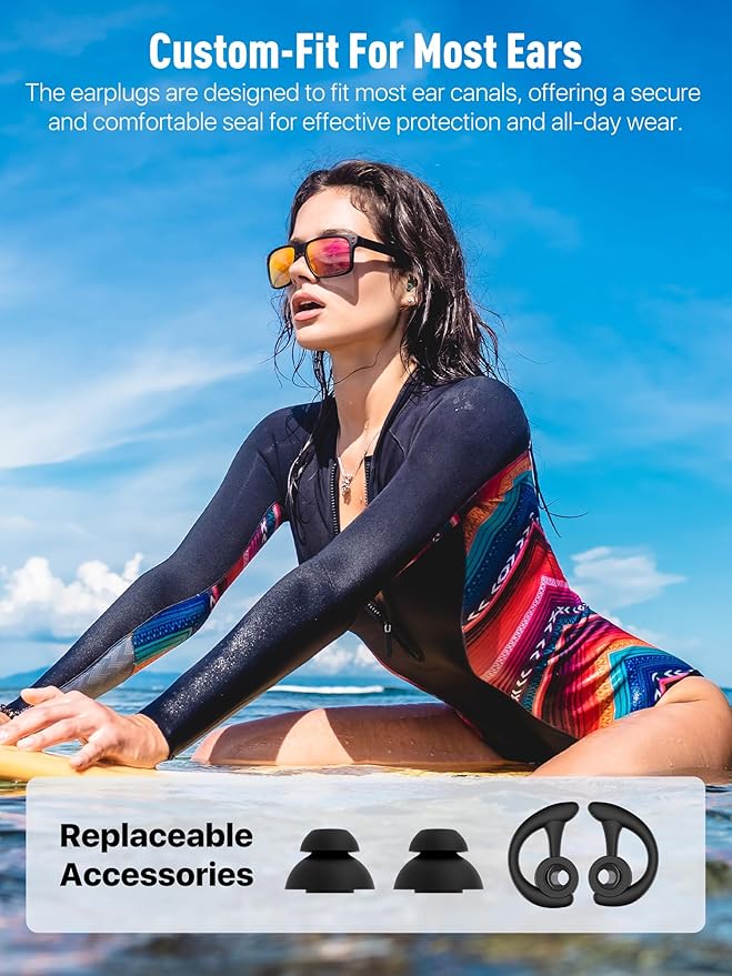 Hearprotek Swimmer Ear Plugs, 1 Pair Custom-fit Water Protection Adult Swimming Earplugs for Swimmers Surfer, Universal-fit with Lanyard, Perfect for Swimming,Surfing, Other Water Activities Black-StrideForce Fitness