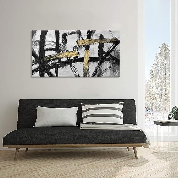 Black White and Gold Wall Art, Modern Paintings Abstract Graffiti Canvas Prints Artwork Black Grey Wall Pictures for Living Room Bedroom Bathroom Home Office Decor 20x40 In-StrideForce Fitness