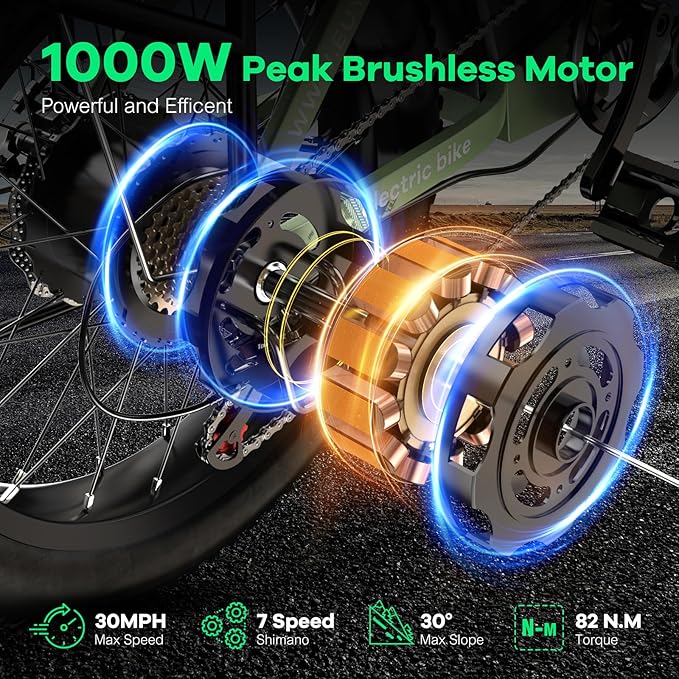 Foldable Electric Bike for Adults, 30+MPH, 48V 20Ah Removable Lithium Battery up to 80Miles, 20" Fat Tire 1000W Peak Motor Dirt Ebike Adult Electric Bicycle for Commute Beach Mountain E Bike-StrideForce Fitness