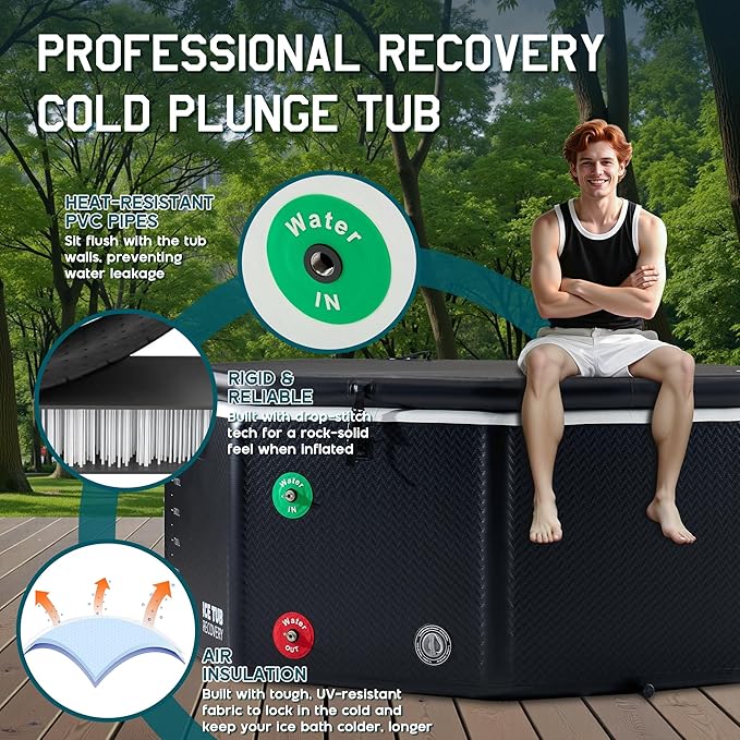 Albott Inflatable Cold Plunge Tub for Athletes, Ice Bath Tub with Insulated Lid Non-Slip Mat & Handles, Water Chiller Compatible, Portable for Indoor & Outdoor Recovery, 525 Gal, 79"L x 79"W x 33"H-StrideForce Fitness
