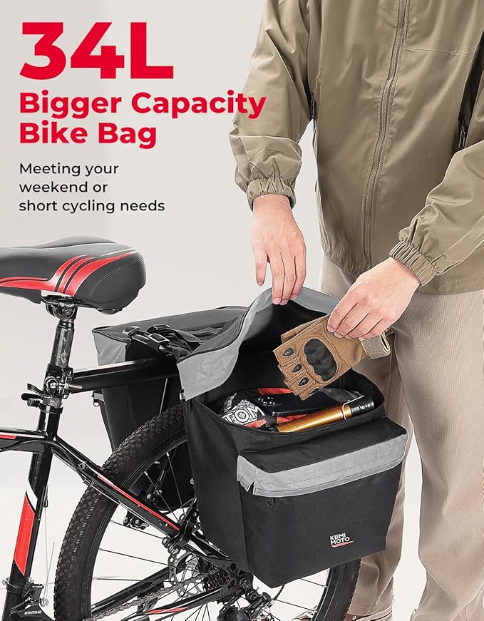 KEMIMOTO Bike Bag Panniers with Rain Cover, 34L Waterproof Bicycle Saddle Bag for Rear Rack Mountain Biking Bags Storage, Ebike Accessories for Commuter Grocery Shopping Travel Carrier, Grey-StrideForce Fitness