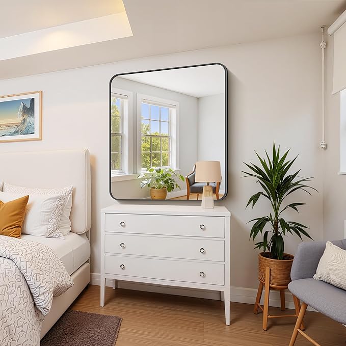 FORBATH Bathroom Mirror 36x40 Inch, Large Rectangular Wall Mirror with Black Aluminum Frame, Rounded Corners, Horizontal or Vertical Mount for Bathroom, Bedroom, Entryway-StrideForce Fitness