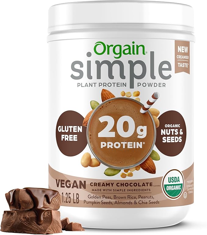Orgain Organic Simple Vegan Protein Powder, Chocolate - 20g Plant Based Protein, Made with less Ingredients, No Artificial Sweeteners, Gluten Free, No Dairy or Lactose, 1.25 lb (Packaging May Vary)-StrideForce Fitness